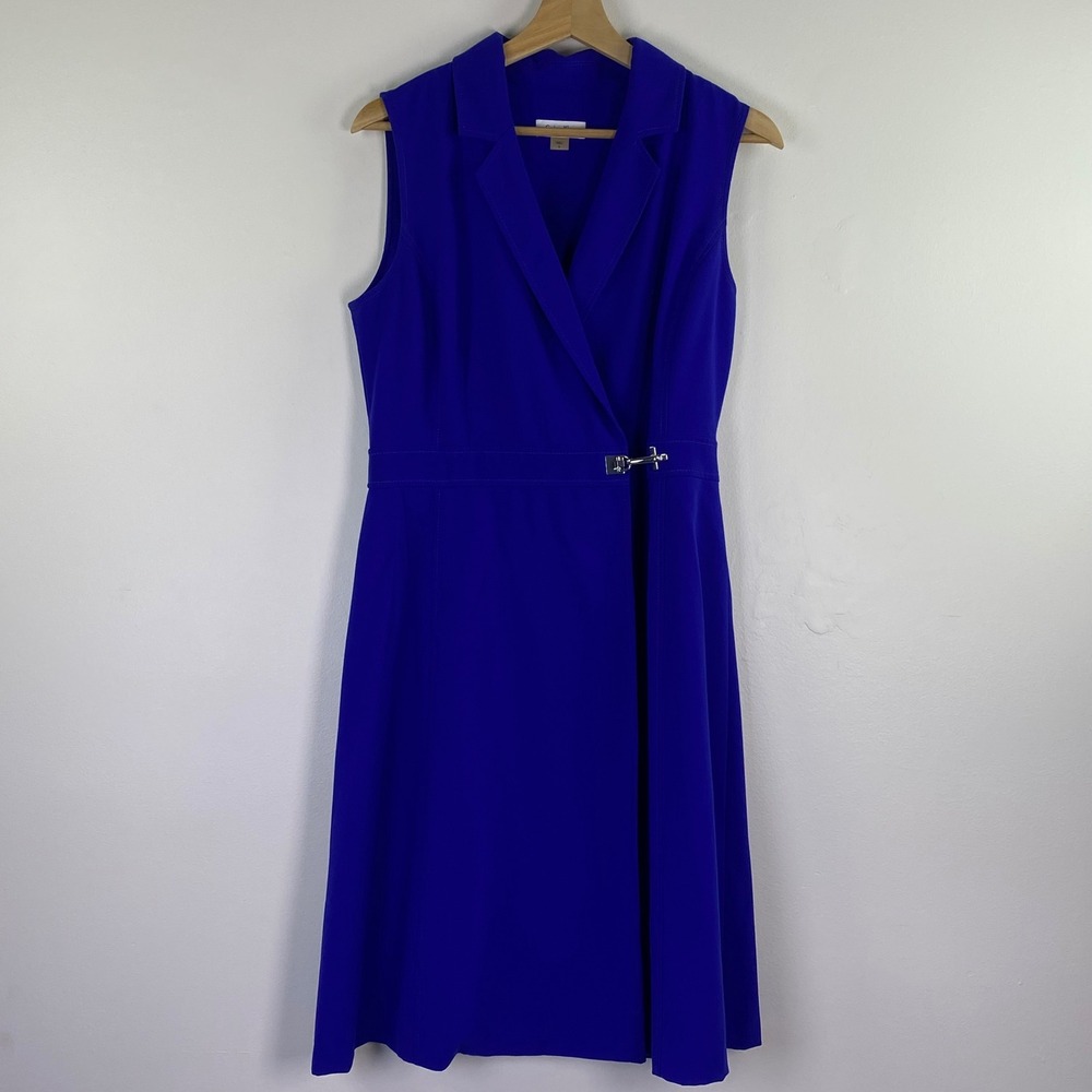 Calvin Klein Wrap Dress 8 Blue Sleeveless Buckle V-Neck Career Professional